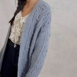 Anthropologie Nuria Cozy Blue Cable Knit Open Front Cardigan Sweater XS